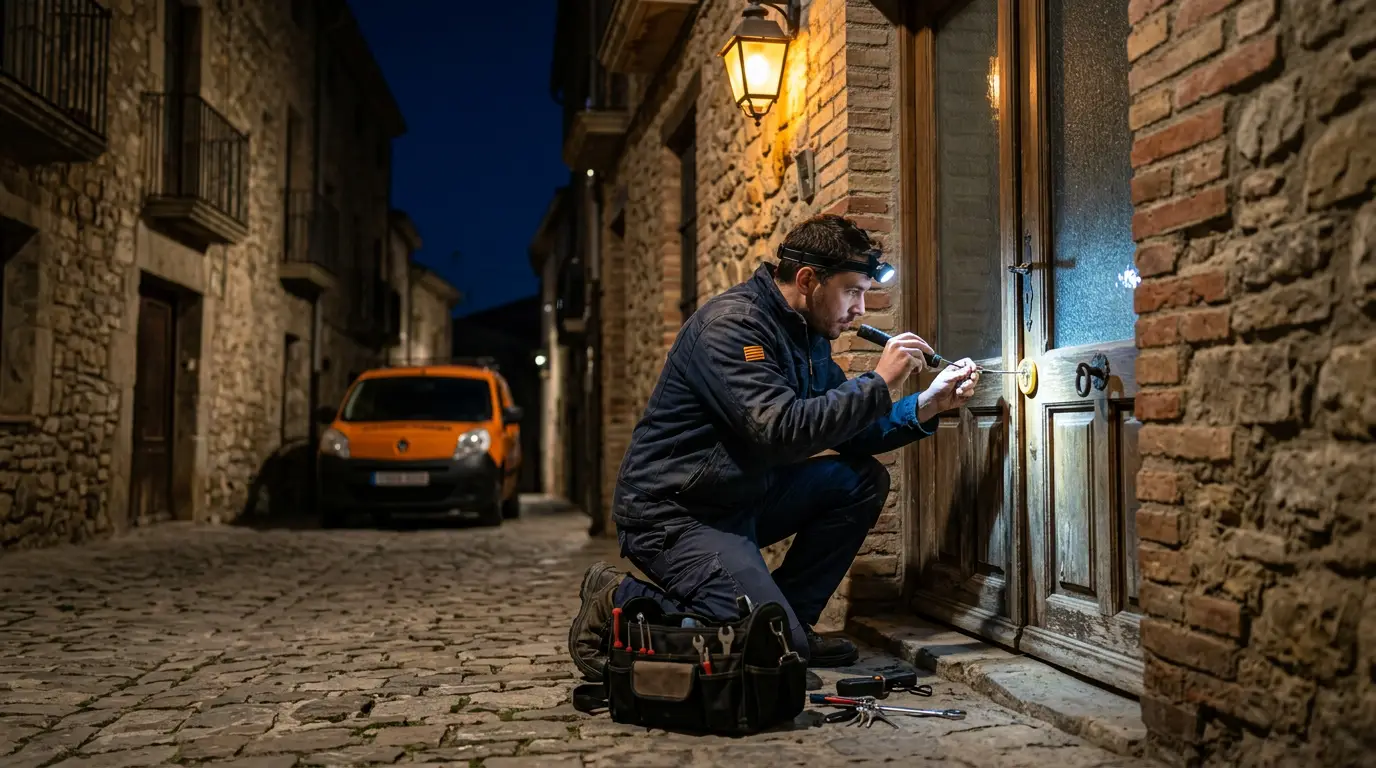 Cerrajero trabajando en la cerradura de una puerta por la noche